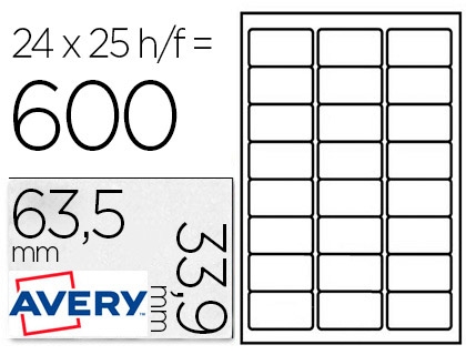 25 hojas A4 600 etiquetas adhesivas Avery transparentes 63,5x33,9mm. láser